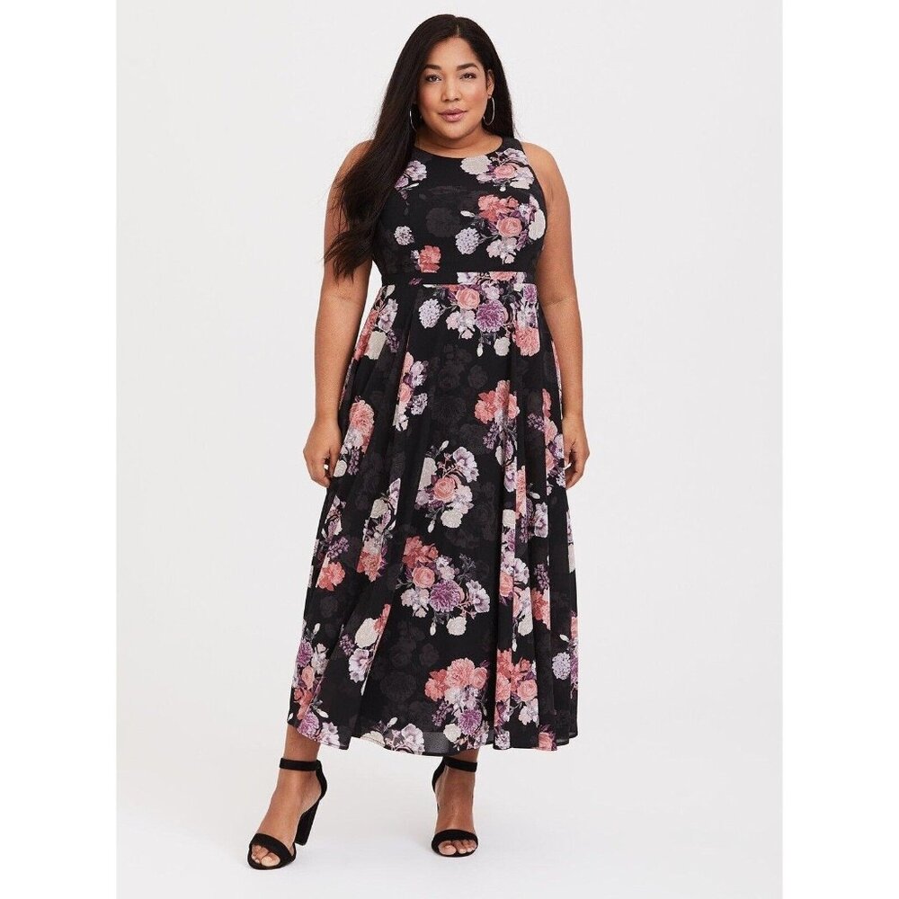 Torrid Womens Maxi Dress 26 Coral Purple Black Floral Georgette Zip Sleeveless - Picture 2 of 8